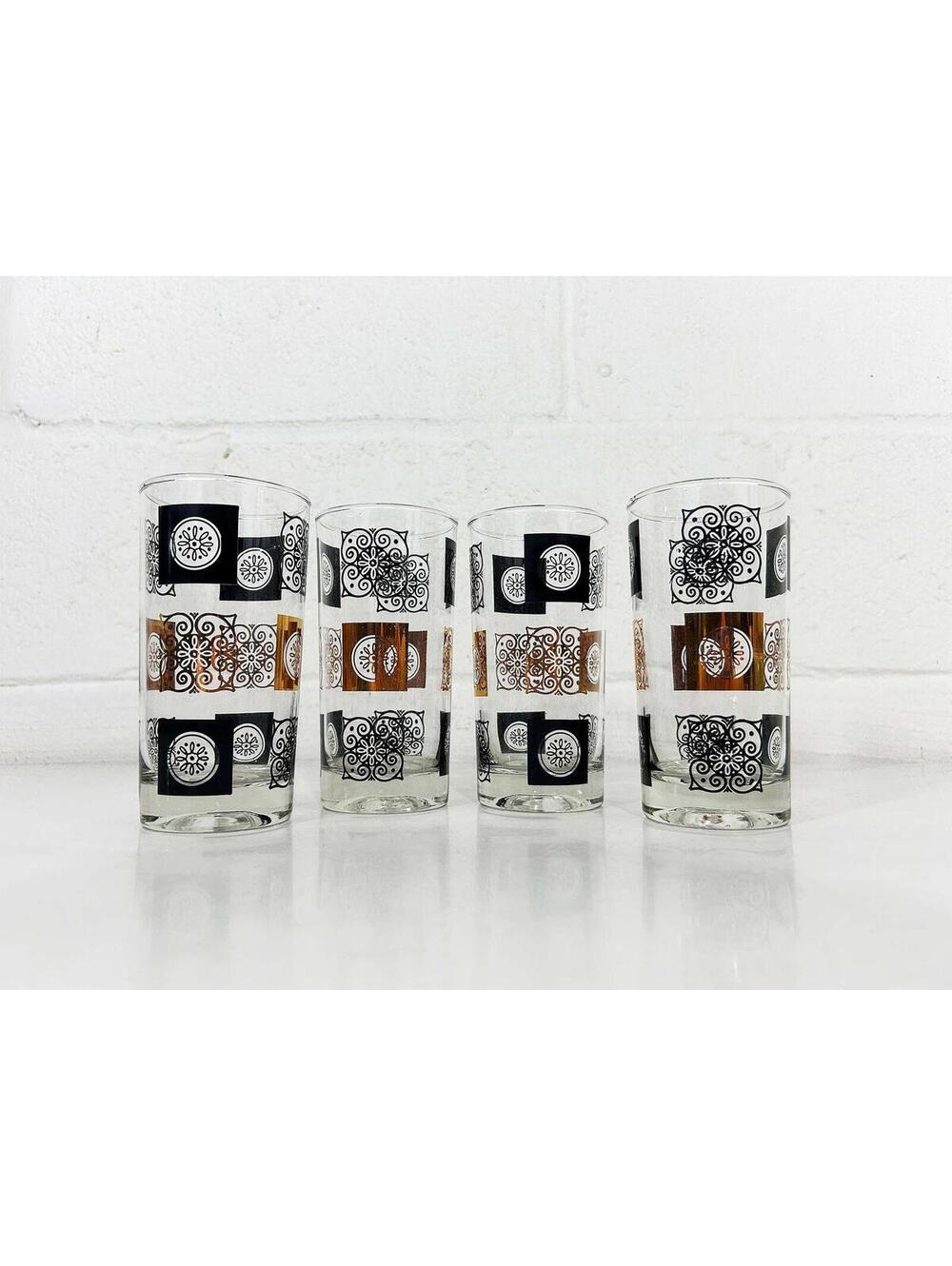 Federal Glass Highball Tumblers Set of 4 Black Gold Medallions 1950s 1960s